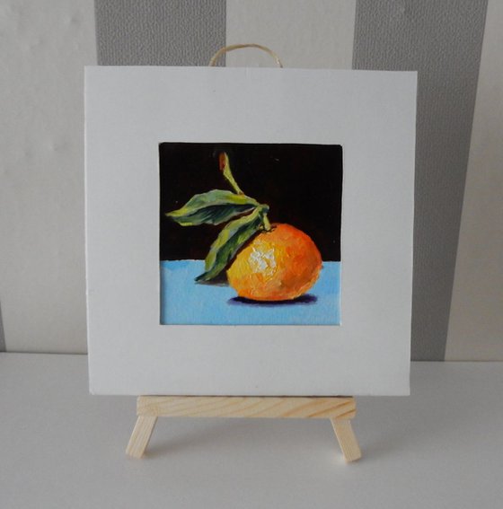 Reserve for K.  Tangerine. Miniature painting Mandarin. Easel is included. Gift painting. Ready to hang.