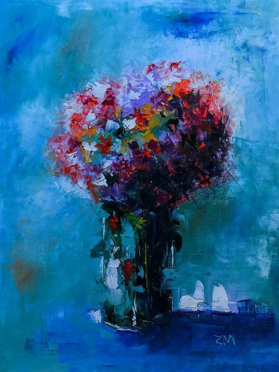 Still life oil painting with flowers in vase