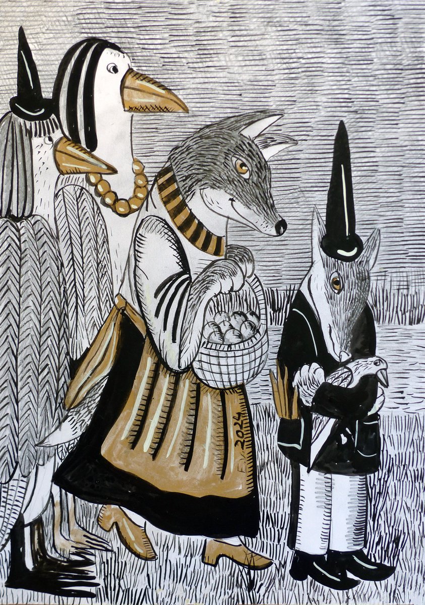 Illustrative Animal Ink Drawing By Elizabeth Vlasova, 12 X 17, The Market Procession, Original Artwork