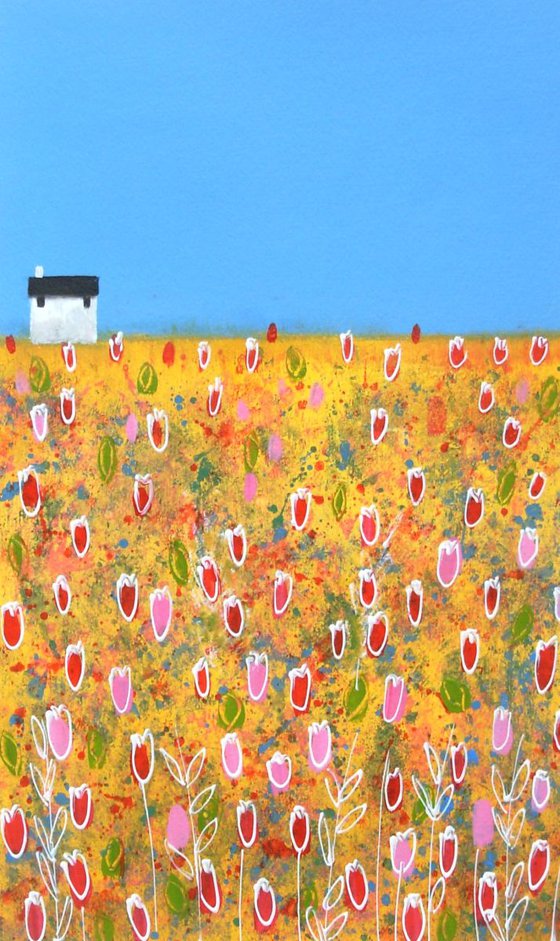 White Cottage with Red and Pink Tulips