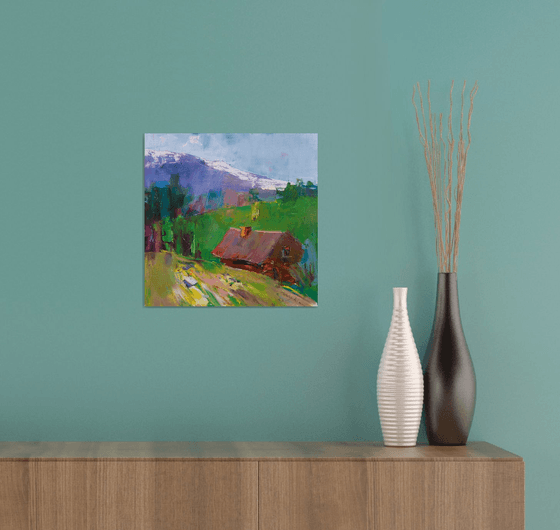 Small house in the mountains . Original oil painting