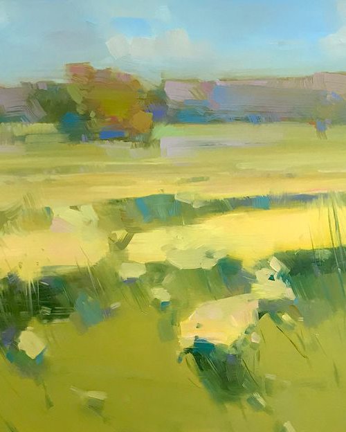 Field of Yellow Flowers, Landscape oil painting, Handmade artwork, by Vahe Yeremyan