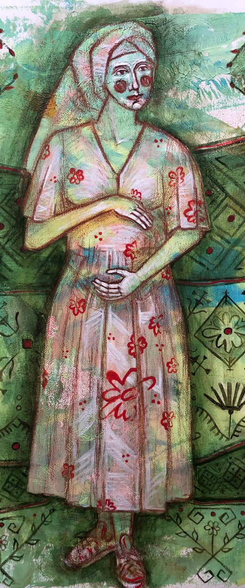 “THE SOWN FIELD”  , PAINTING OF A PREGNANT WOMAN by Yuliia Chaika
