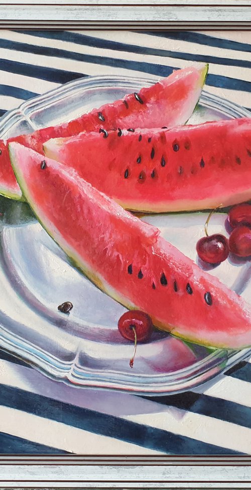 "Help yourself. "  still life summer watermelon liGHt original painting  GIFT (2021) by Anna Bessonova (Kotelnik)