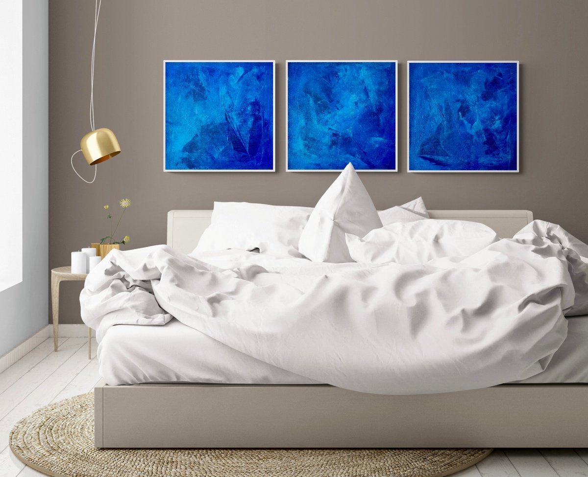 Abstract Acrylic Painting By Anita Kaufmann, 59 X 20, Beyond The Blue Sea 2922 Set 3, Original Artwork