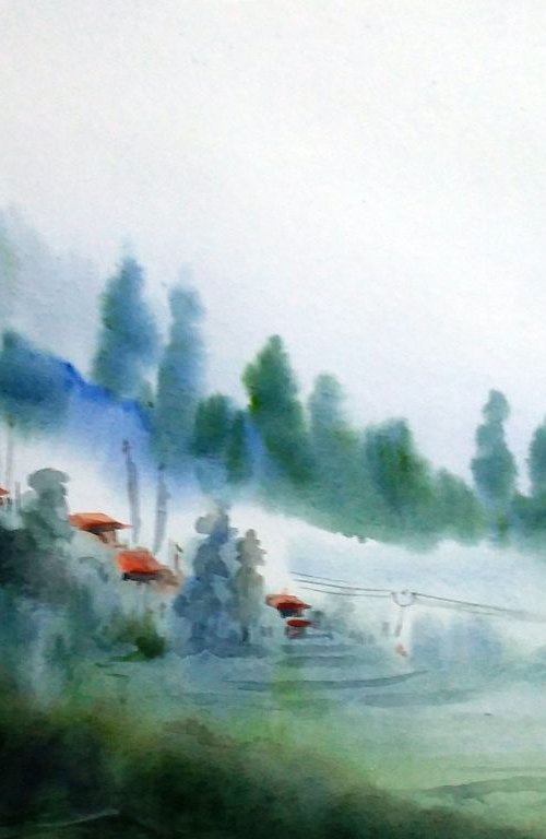 Foggy Mountain Village - Watercolor on Paper Painting by Samiran Sarkar