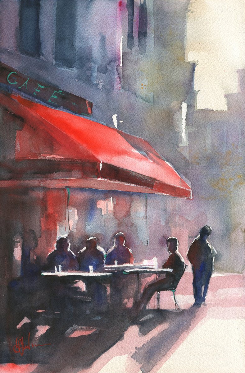 Landscape Watercolour By Oleksii Iakurin, 15 X 22", Cafe In Evening Light, Original Artwork