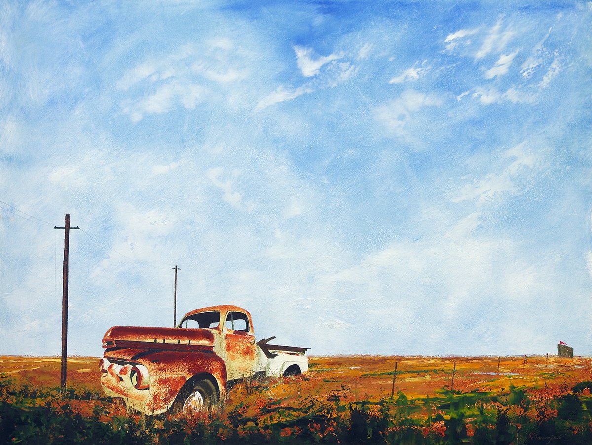 Abstract Oil Painting By Richard Manning, 40 X 30", Abandoned Truck, Original Artwork