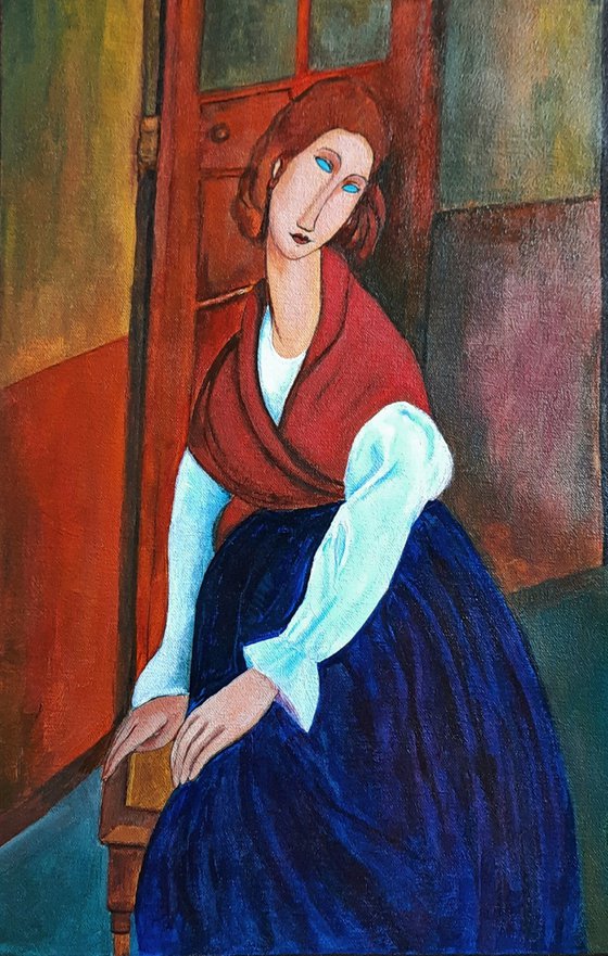 Woman in red shawl