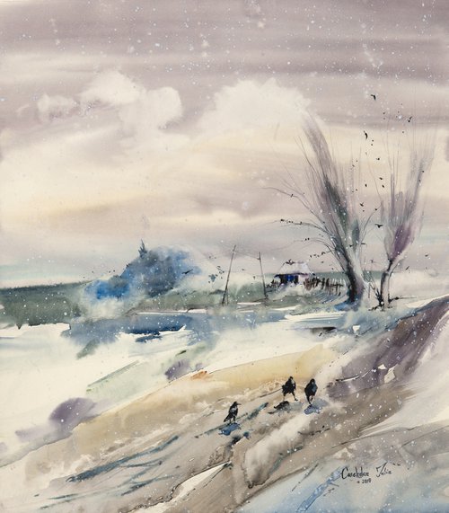 Watercolor "First snowflakes” by Iulia Carchelan