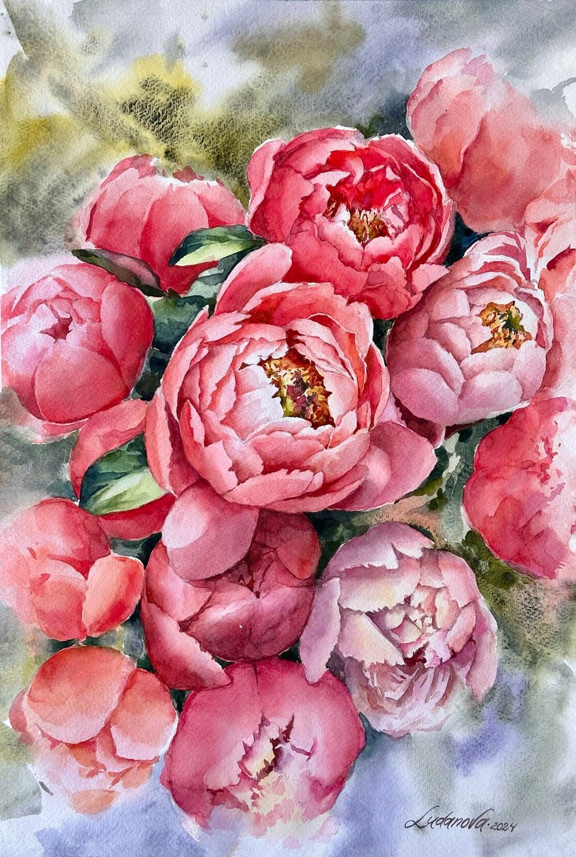 Photorealistic Botanical Watercolour By Yuliia Ludanova, 13 X 19", Pink Peonies, Original Artwork