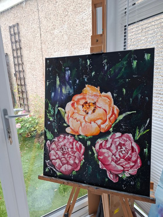 Midnight bloom, floral peonies painting