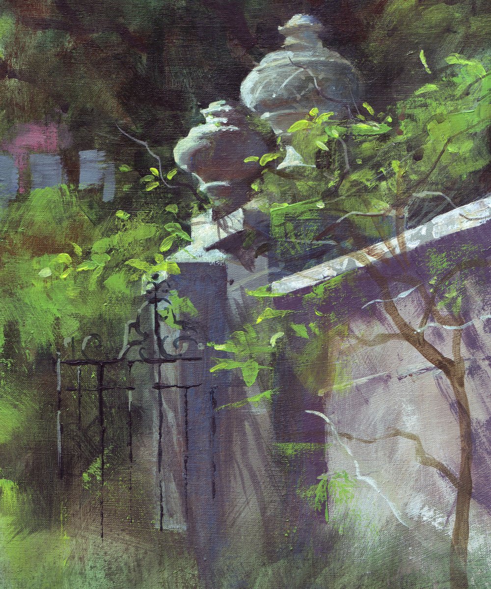 Impressionistic Botanical Acrylic Painting By Ray Belletty, 10 X 12", Wall Garden Gate, Original Artwork