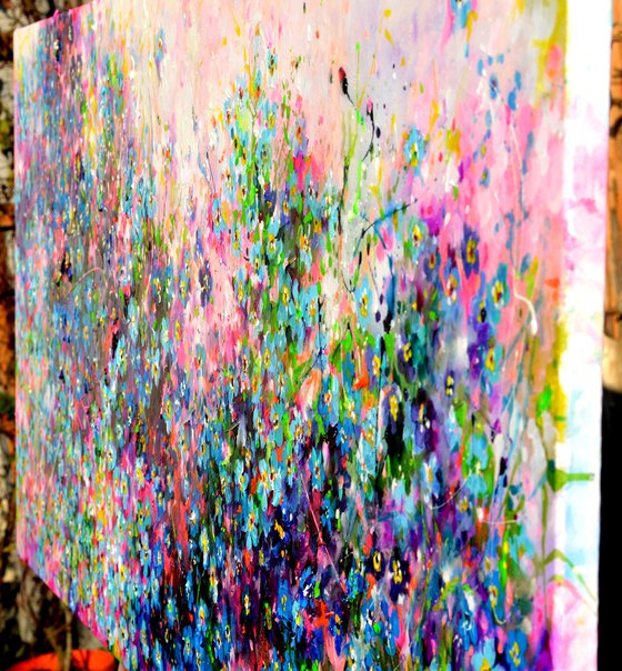 Forget me not flower field at sunrise