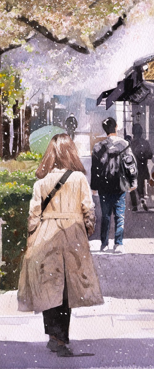 Cherry Blossoms and People on a Spring Street by Masato Watanabe