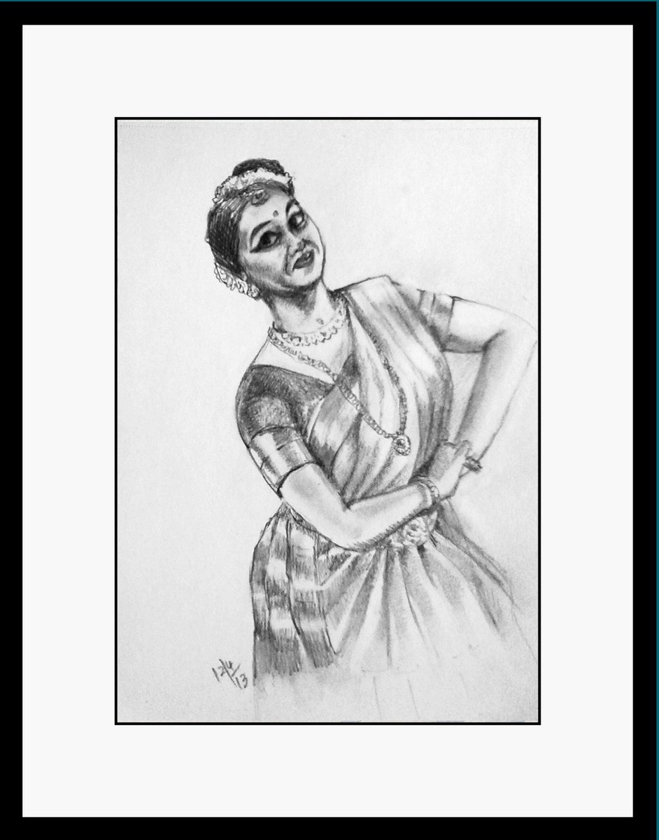 Expressive Portrait Pencil Drawing By Asha Shenoy, 8 X 11, Indian Dance Mohini Attam, Original Artwork