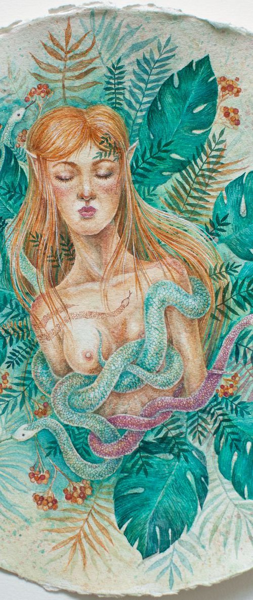 Fantasy Snake Hunter circle watercolor by Liliya Rodnikova