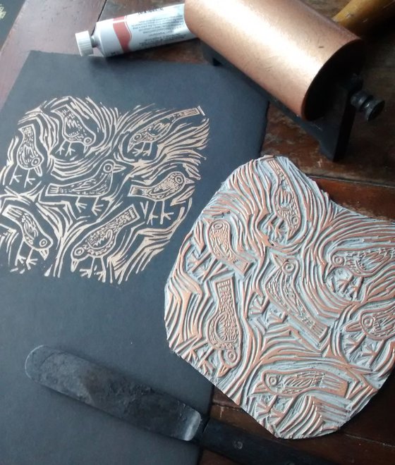 Pecking - copper lino print