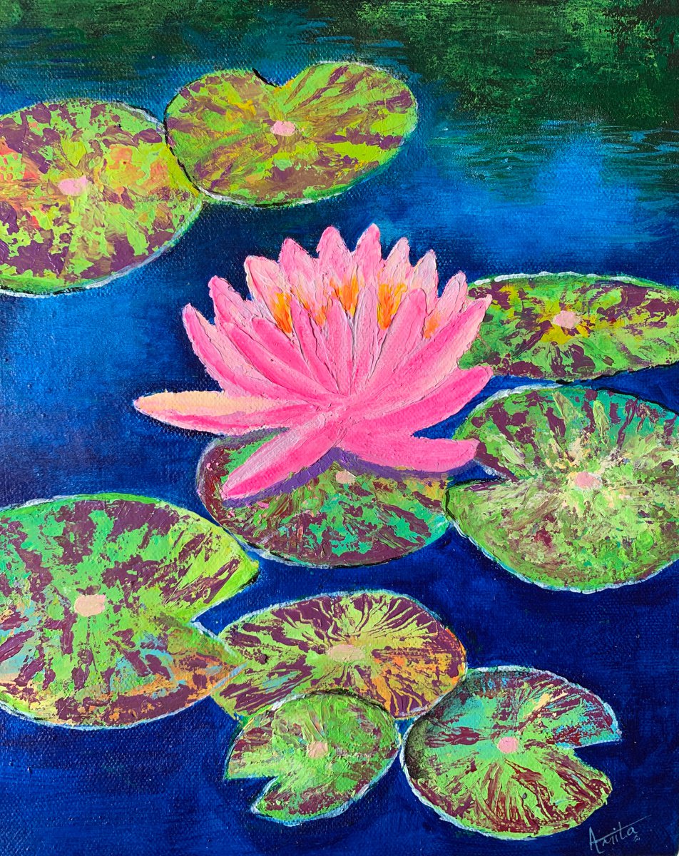 Pink water lily! Water lily pond! Textured art by Amita Dand