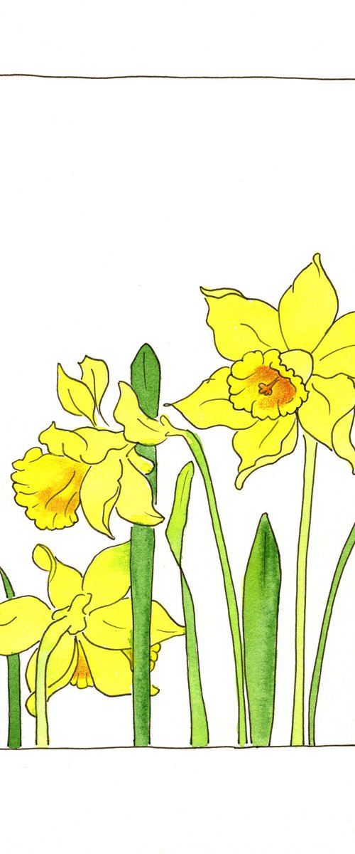 Yellow daffodils flowers mixed media illustration by Olga Ivanova