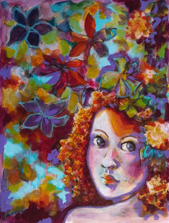 Little red-haired girl - mixed media - portrait - orange - turquoise - decorative - gift
