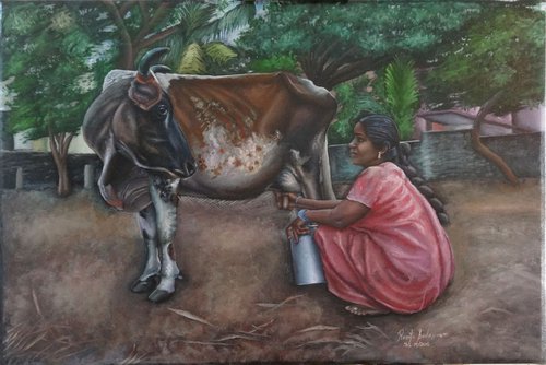 Woman milking the cow by Ramya Sadasivam