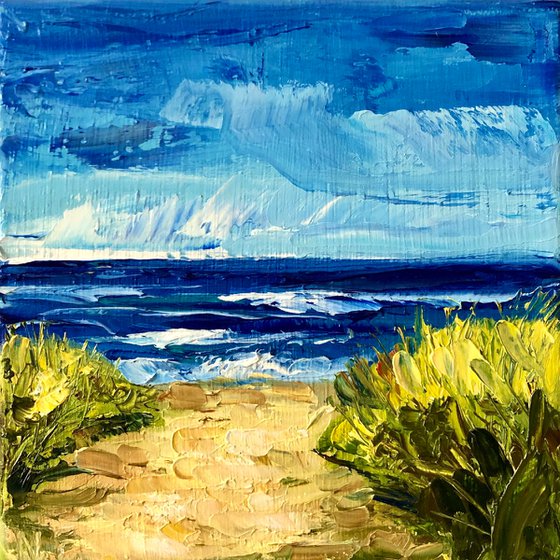 WALKING TO THE BEACH, Original Textural Impressionist Square Mini Landscape Oil Painting