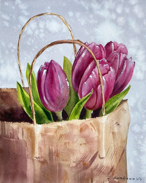 Tulip Bouquet in Paper Bag watercolor painting by Irina Povaliaeva
