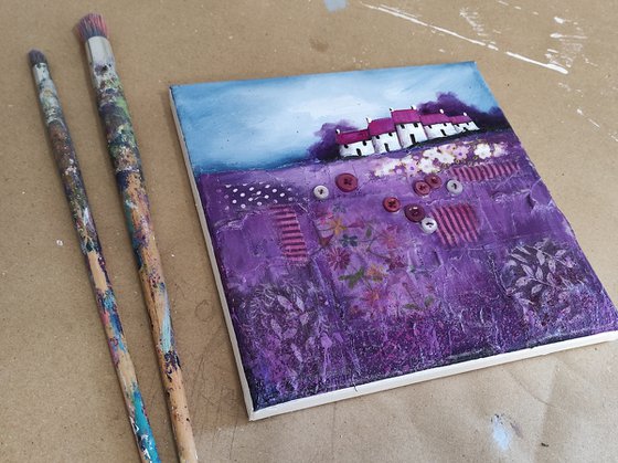 Terrace on purple patchwork Field Textured Landscape
