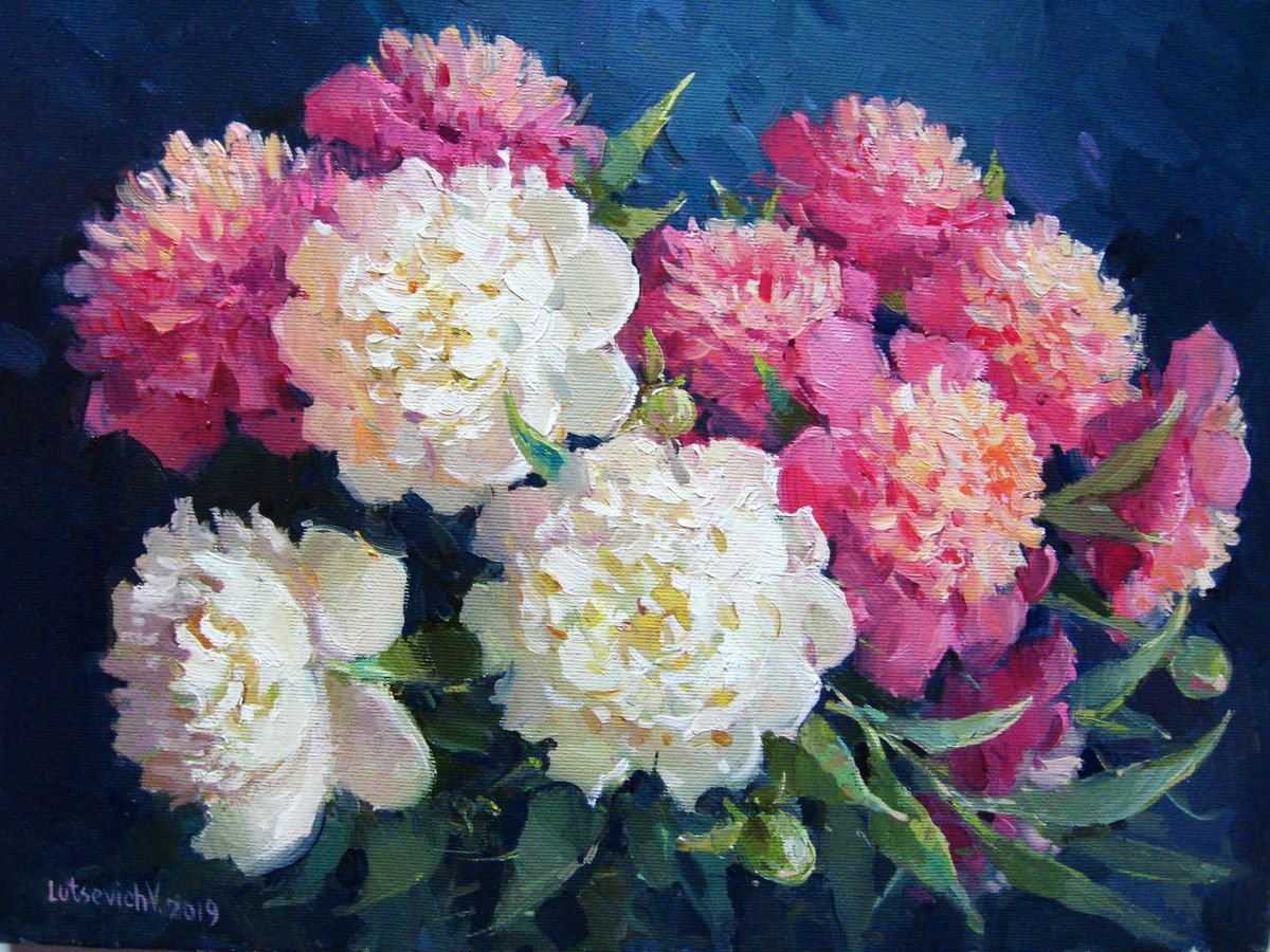 Photorealistic Botanical Oil Painting By Vladimir Lutsevich, 16 X 12", Peonies, Original Artwork