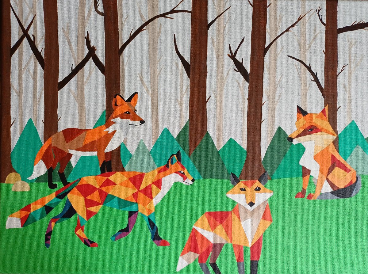 Geometric Animal Acrylic Painting By Corinne Hamer, 16 X 12, Foxes, Original Artwork