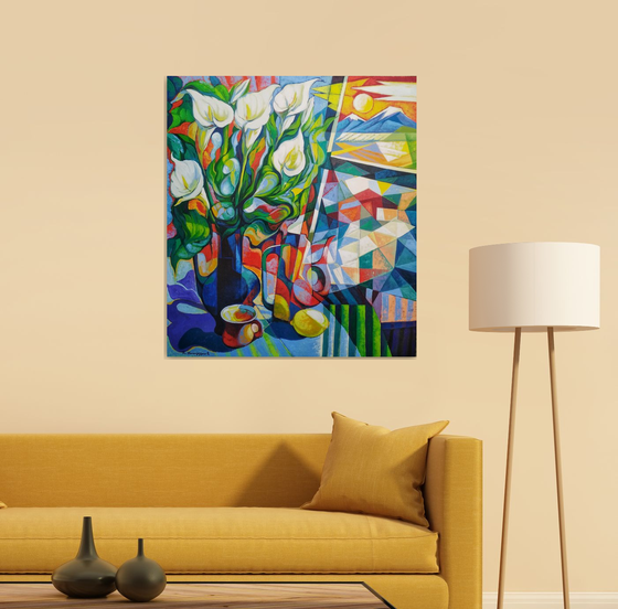Still life with callas(80x90cm, cubism, oil painting, ready to hang)