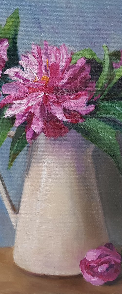 Peonies in a white jug original oil painting by Marina Petukhova