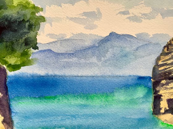 Beach Wall Art, Ocean Painting, Sea Original Watercolor Painting, Greece Landscape Art