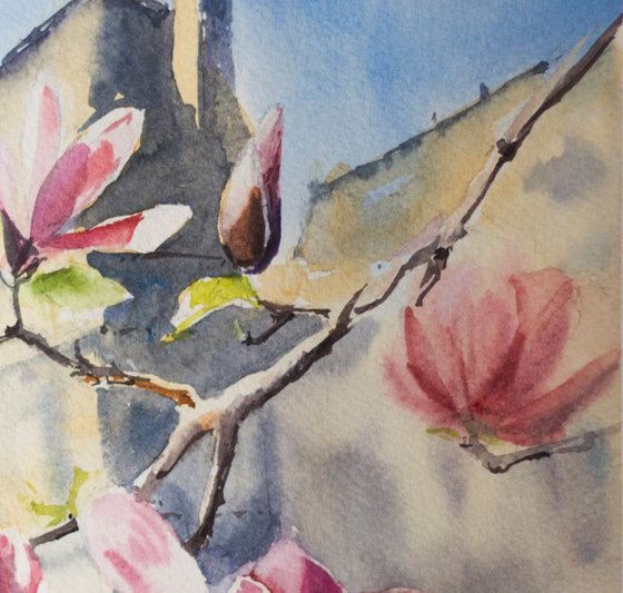 Magnolias in Paris. Original watercolor. Small size paris spring france pink flowers landscape nature decor interior gift