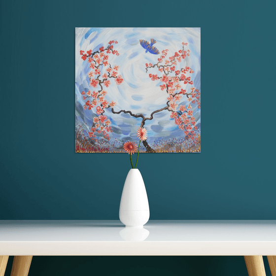 Cherry blossom tree floral painting blue sky B019 decor original art 40x40x2 cm acrylic on stretched canvas wall art