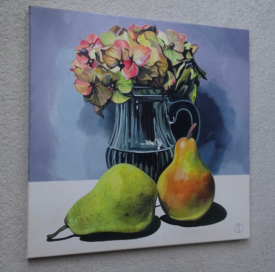 Still life hydrangea and fruit