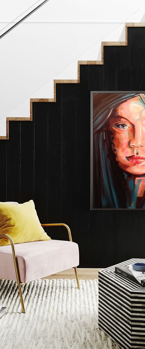 Light blue portrait- original acrylic painting - 81 x 65 cm ( 32 x 25.5 inches) modern portrait by Carlo Toma