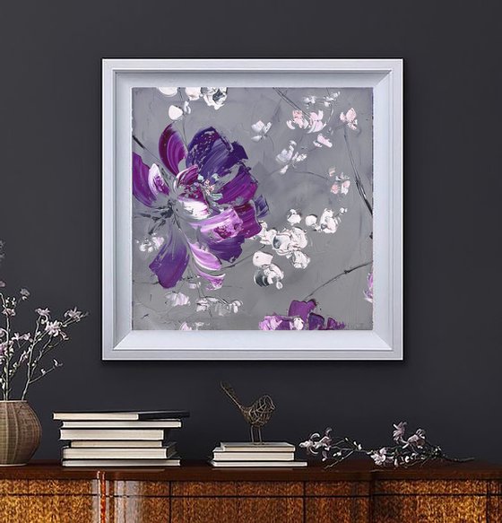 VERY PERI GREENHOUSE 2 -  Gray flower painting. Purple flowers square canvas.