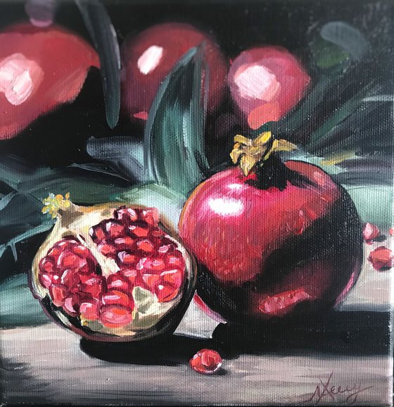 Pomegranates 4 on table still life painting 20x20