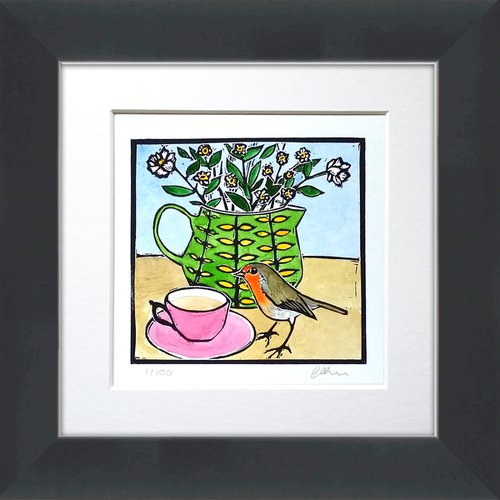 Mr Robin comes to tea linocut by Carolynne Coulson