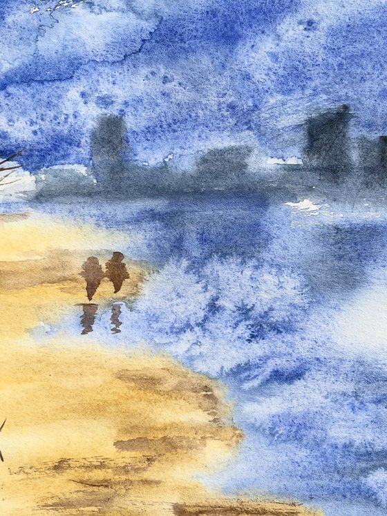 Stroll on the Shore - original watercolor painting