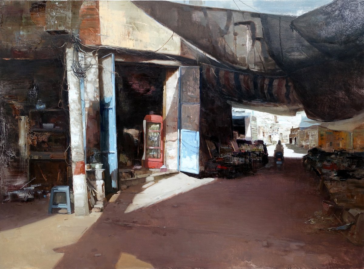 Impressionistic Cityscapes Oil Painting By Jianzhe Chon, 63 X 47, Chinese Local Marketplace 02, Original Artwork