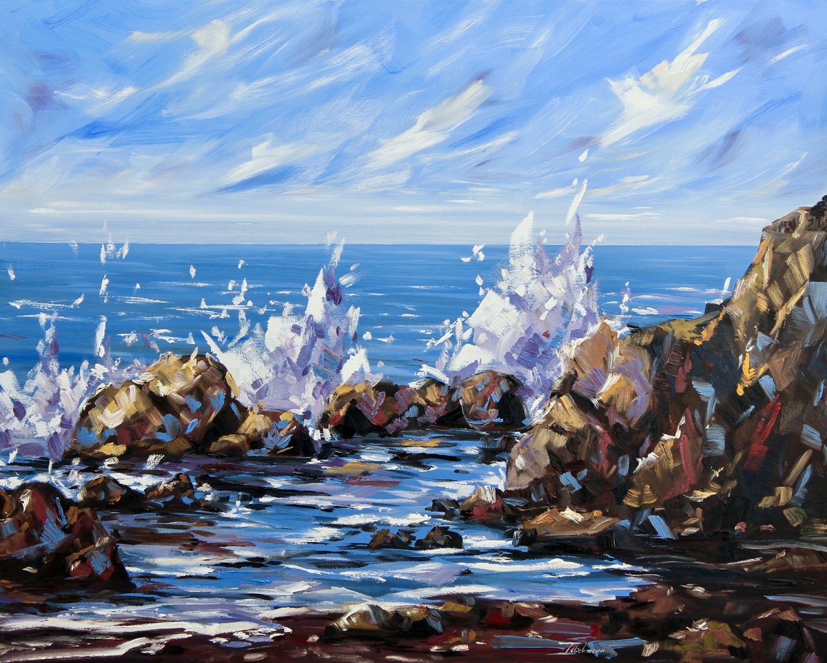 Impressionistic Landscape Oil Painting By Liza Illichmann, 39 X 31", Harmony In Blue, Original Artwork