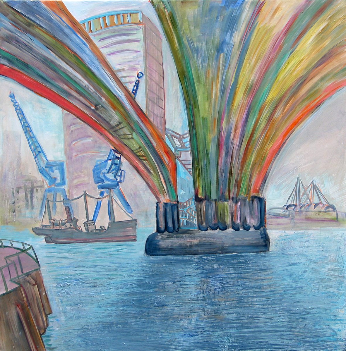 Expressive Cityscapes Oil Painting By Frank Creber, 38 X 38, Dlr Bridge Docklands, Original Artwork