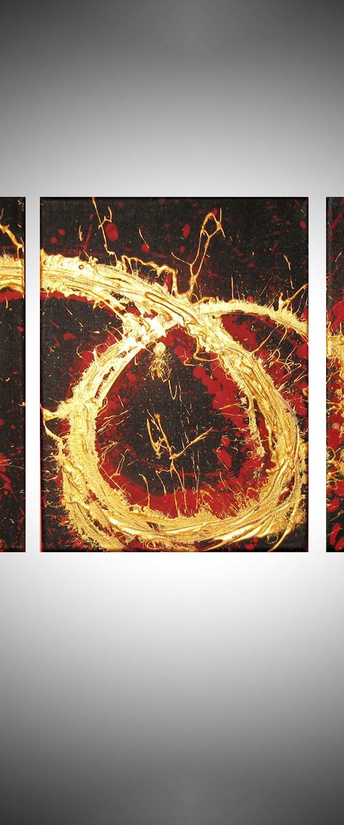 original gold red abstract landscape triptych "Flame on Fire" painting art canvas - 48 x 20 " by Stuart Wright