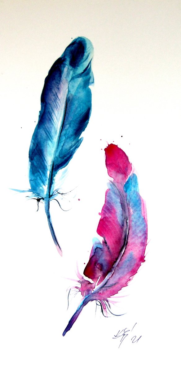 Blue and pink feathers /32,5 x 16 cm/ by Kovcs Anna Brigitta