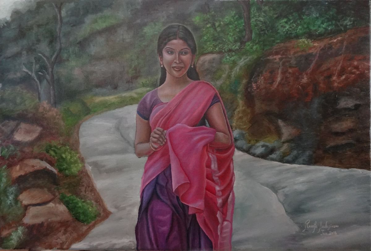 Girl in rose Half Saree by Ramya Sadasivam