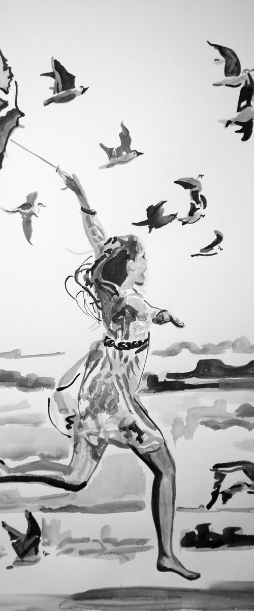 Girl and  seagulls / 72 X 50 cm by Alexandra Djokic