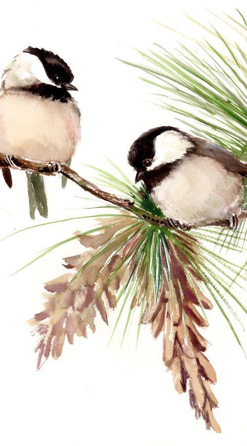 Chickadees on the Pine Tree by Suren Nersisyan